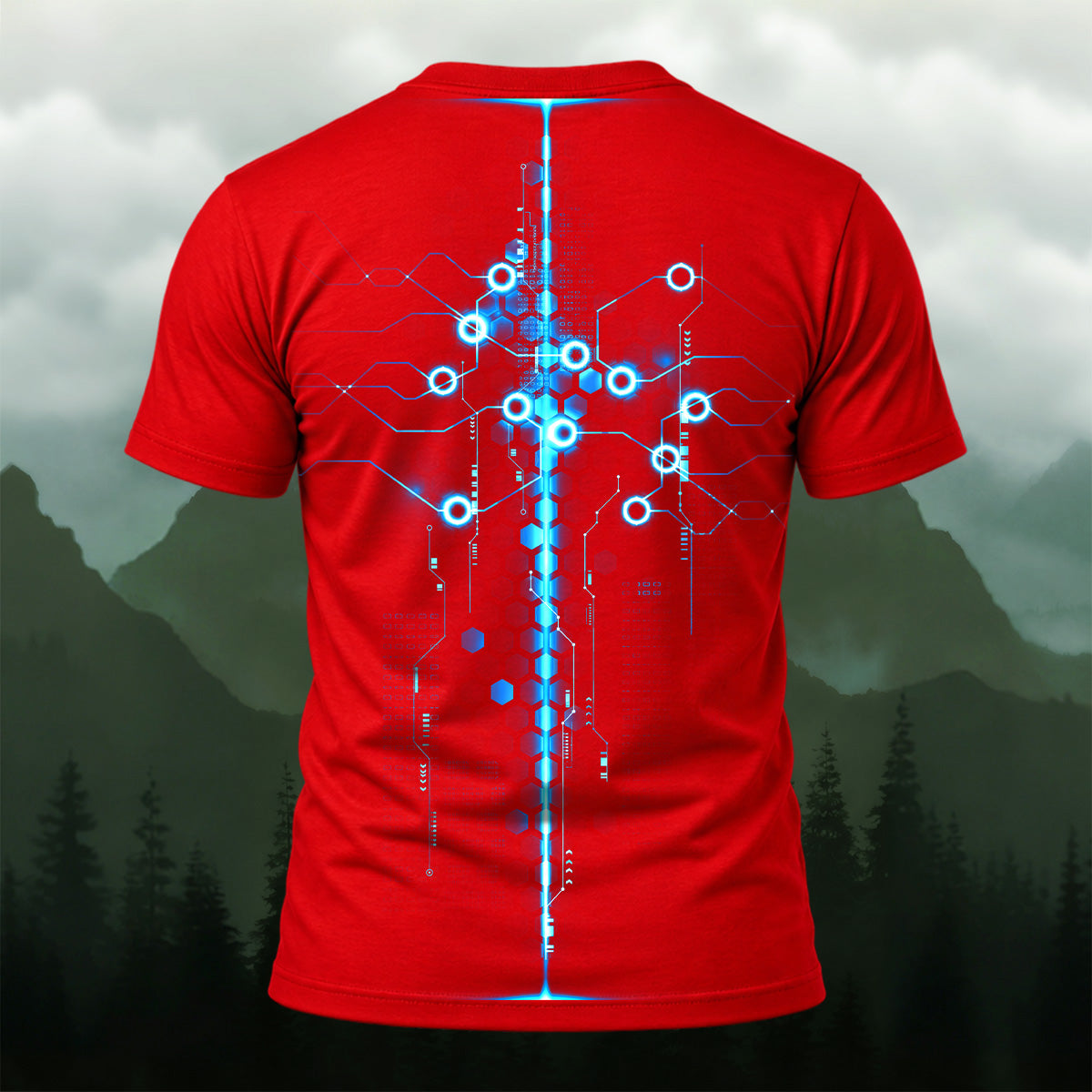 Futuristic Digital Circuit Print T-Shirt Red