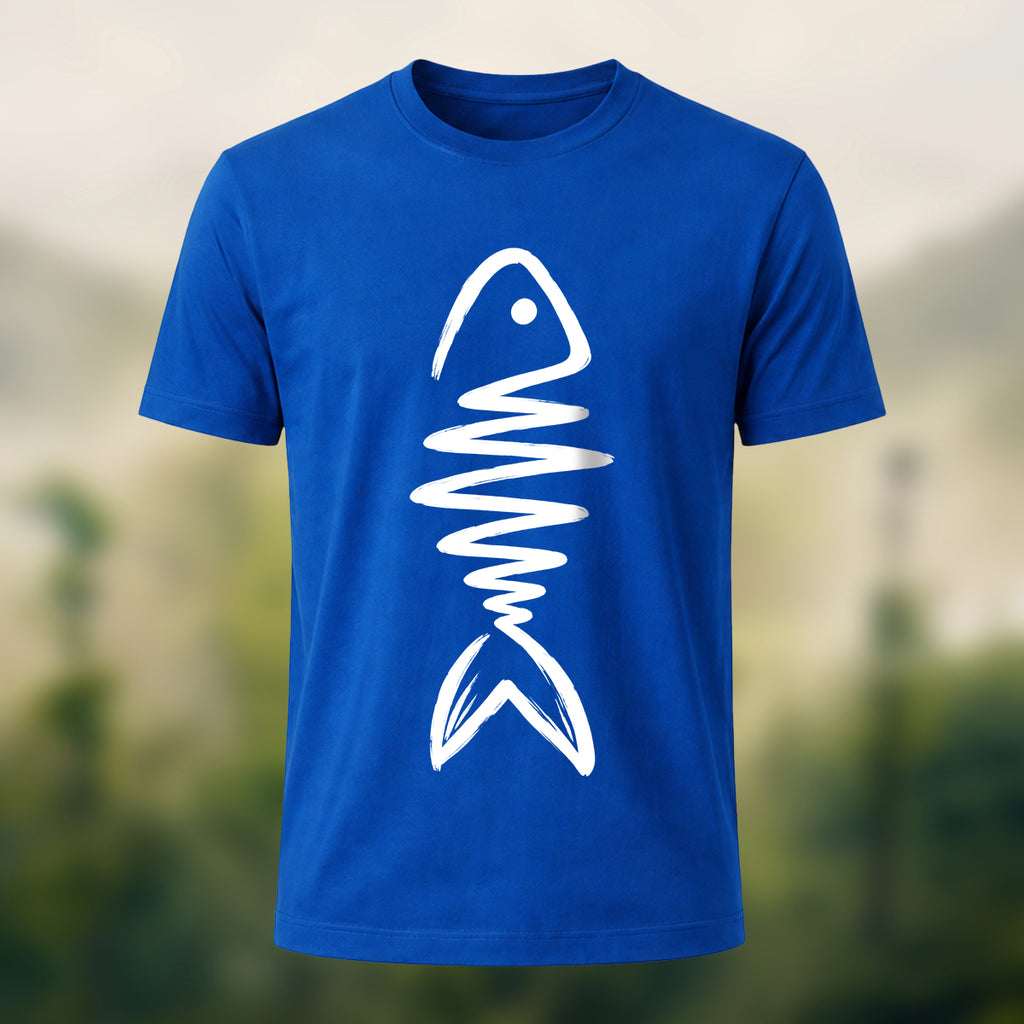 Abstract Fish Skeleton Combed Cotton T-Shirt Royal Blue