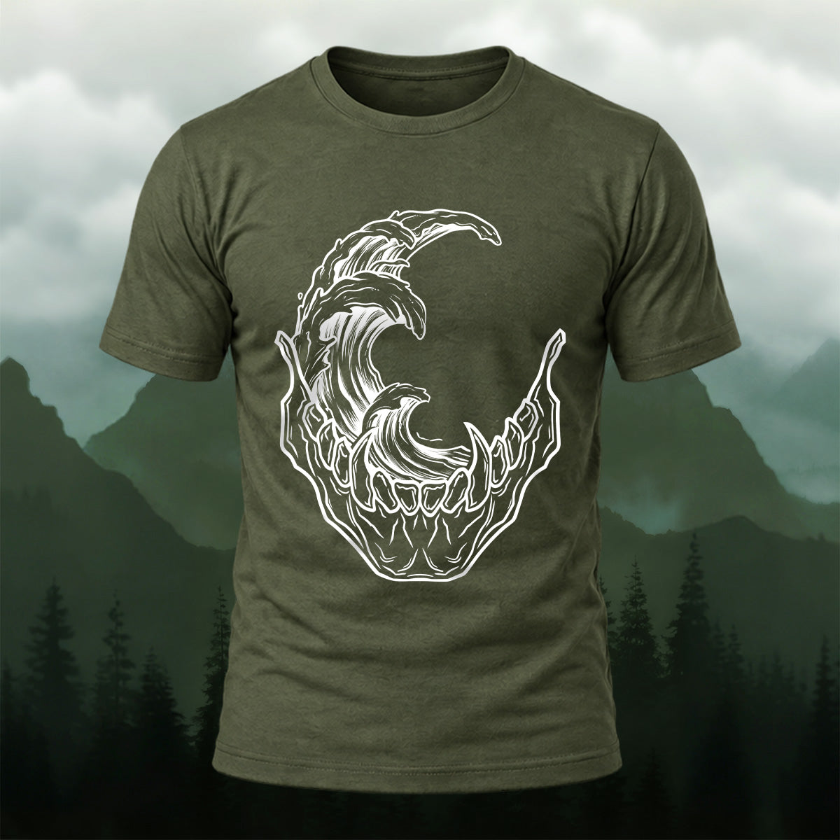 Abstract Skeleton Wave Premium Cotton T-Shirt Olive Green