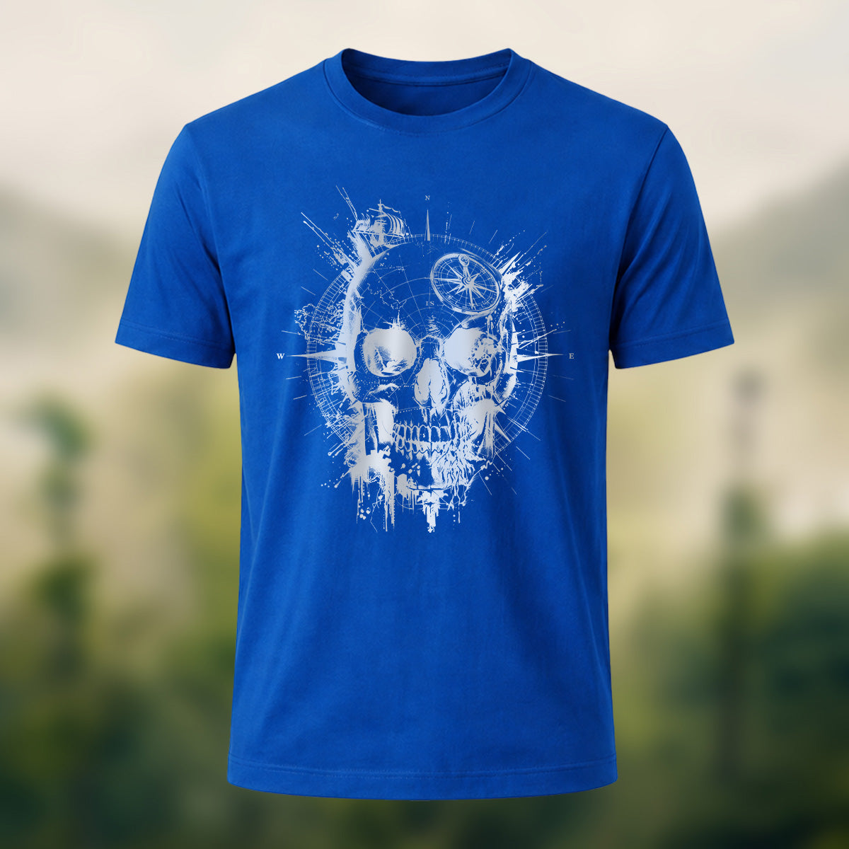 Nautical Gothic Skull Print Casual Soft Cotton T-Shirt Royal Blue