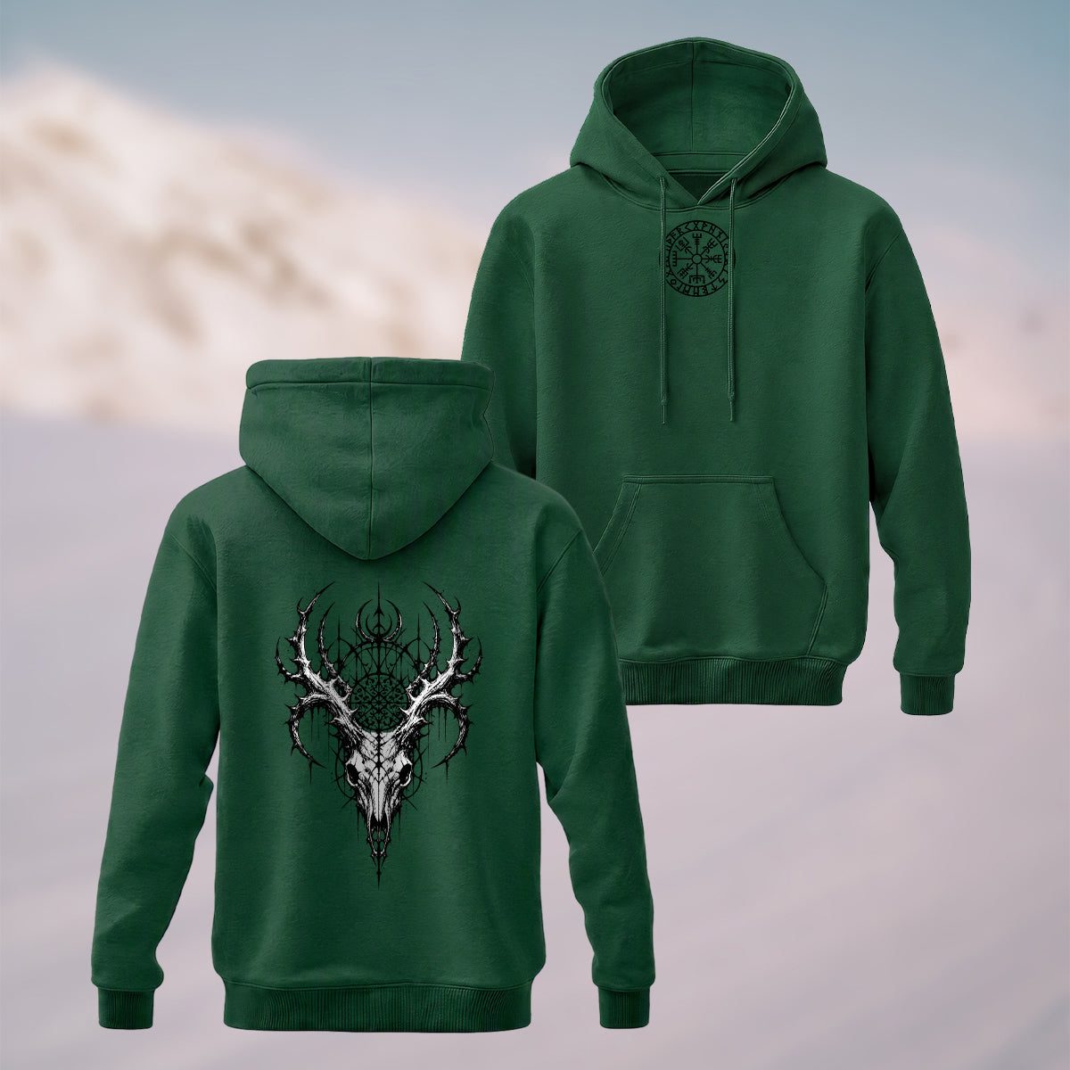 Cotton Made Gothic Skeleton Print Hoodie Forest Green