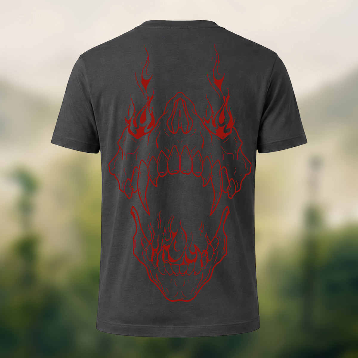 Striking Crimson Fanged Skull Combed Cotton T-Shirt Dkgy