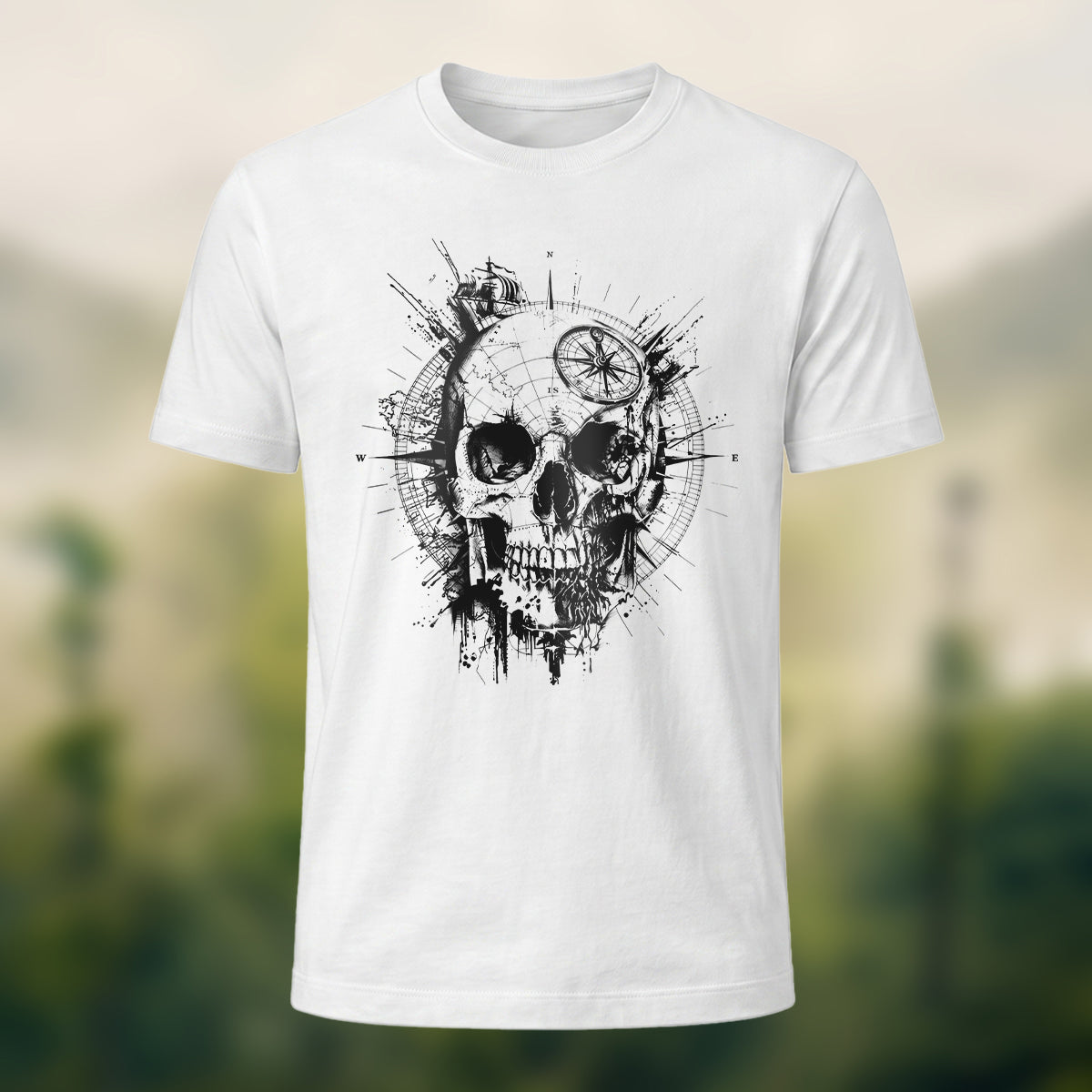 Nautical Gothic Skull Print Casual Soft Cotton T-Shirt White