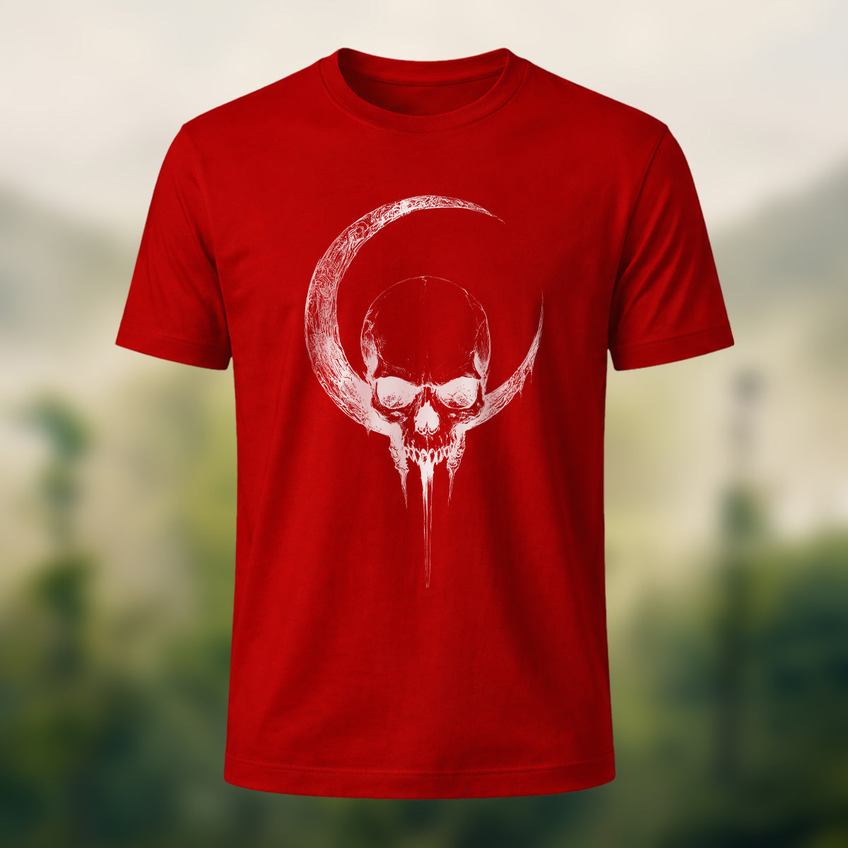 Crescent Moon Encircling Skull Print Soft Cotton Tee Red