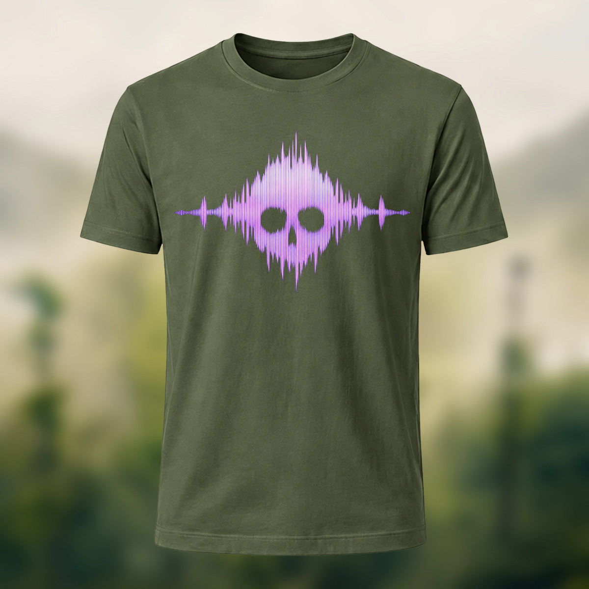 Gothic Skull Waveform Soft Cotton T-Shirt Olive Green