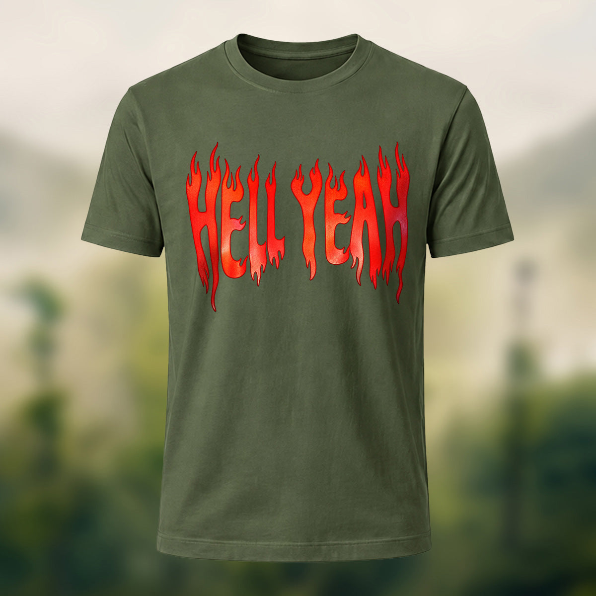 Bold Flame Lettering Combed Cotton T-Shirt Olive Green
