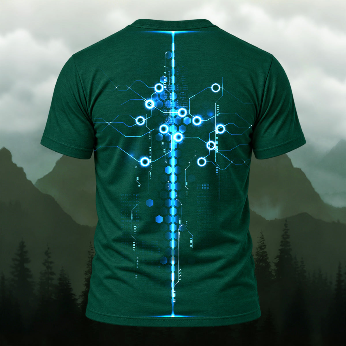 Futuristic Digital Circuit Print T-Shirt Forest Green