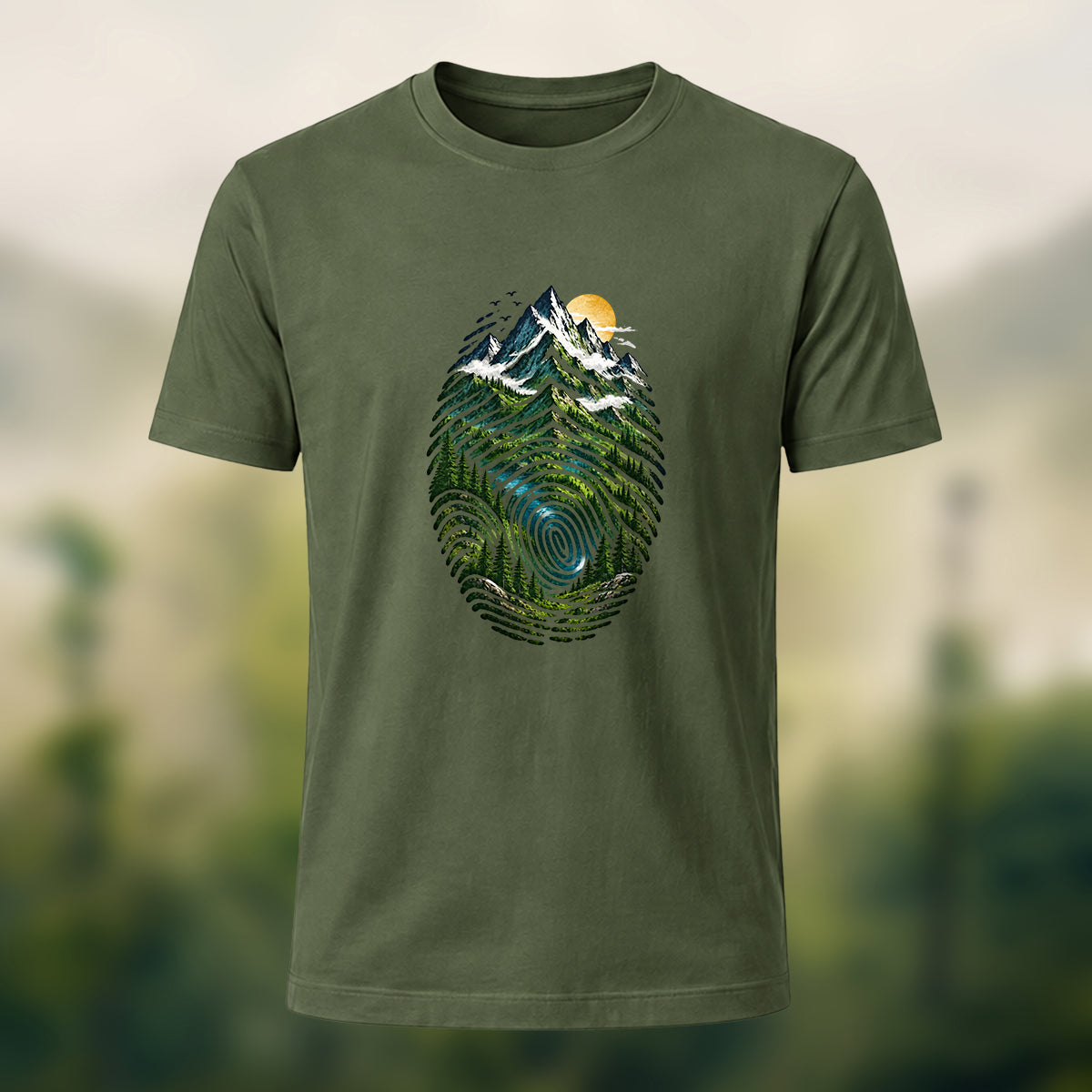 Design-Forward Alpine Fingerprint Premium Cotton Tee Olive Green