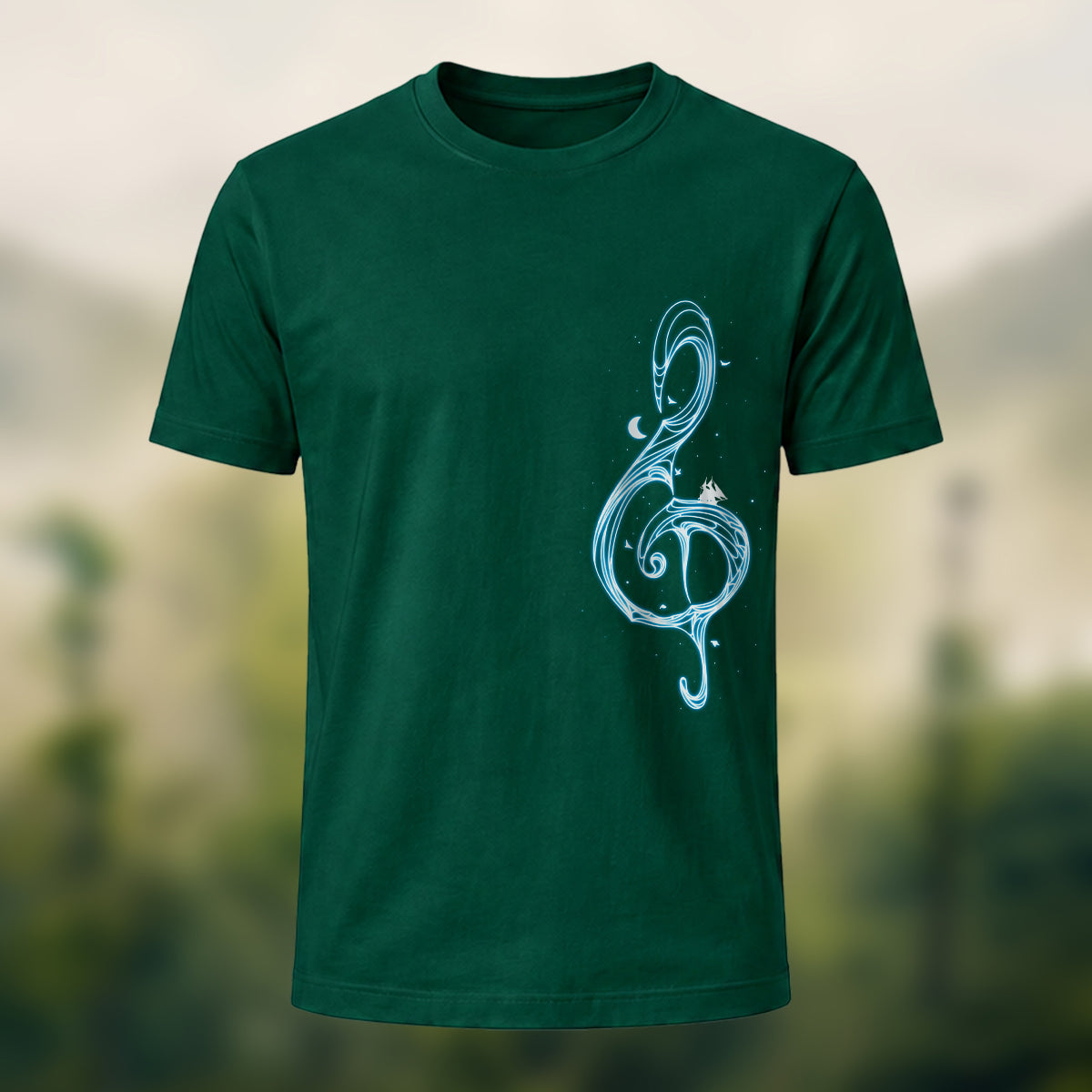 Musical Note Print Casual Soft Cotton T-Shirt Forest Green