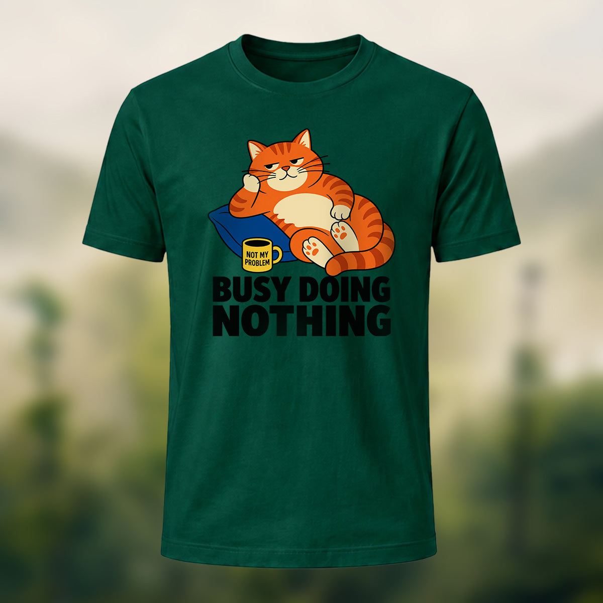 Laid-Back Cozy Cat Soft Cotton T-Shirt Forest Green
