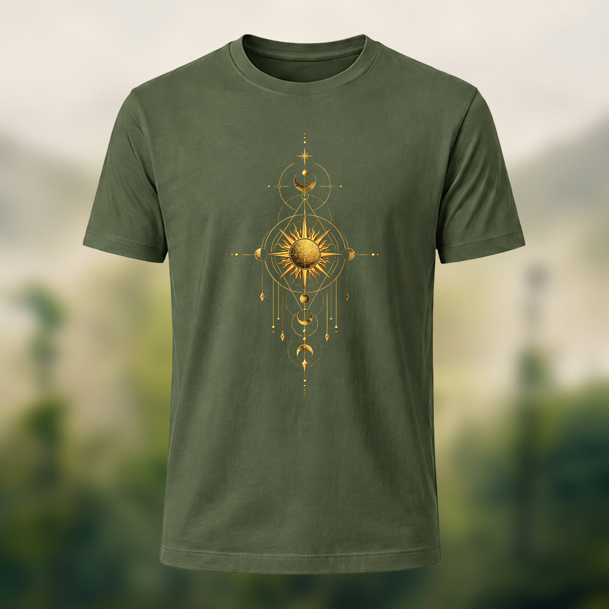 Mystical Sun Print Premium Cotton T-Shirt Olive Green