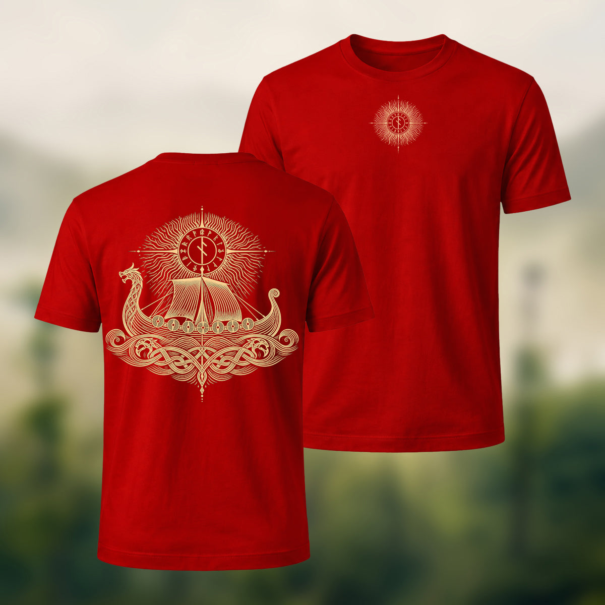 Viking Longship Print Casual Cotton T-Shirt Red