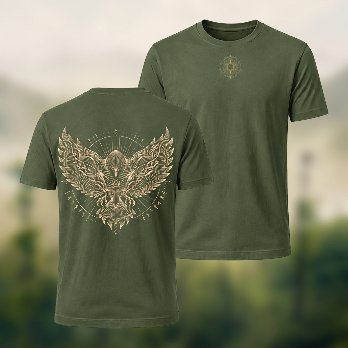 Viking Eagle Print Combed Cotton T-Shirt Olive Green