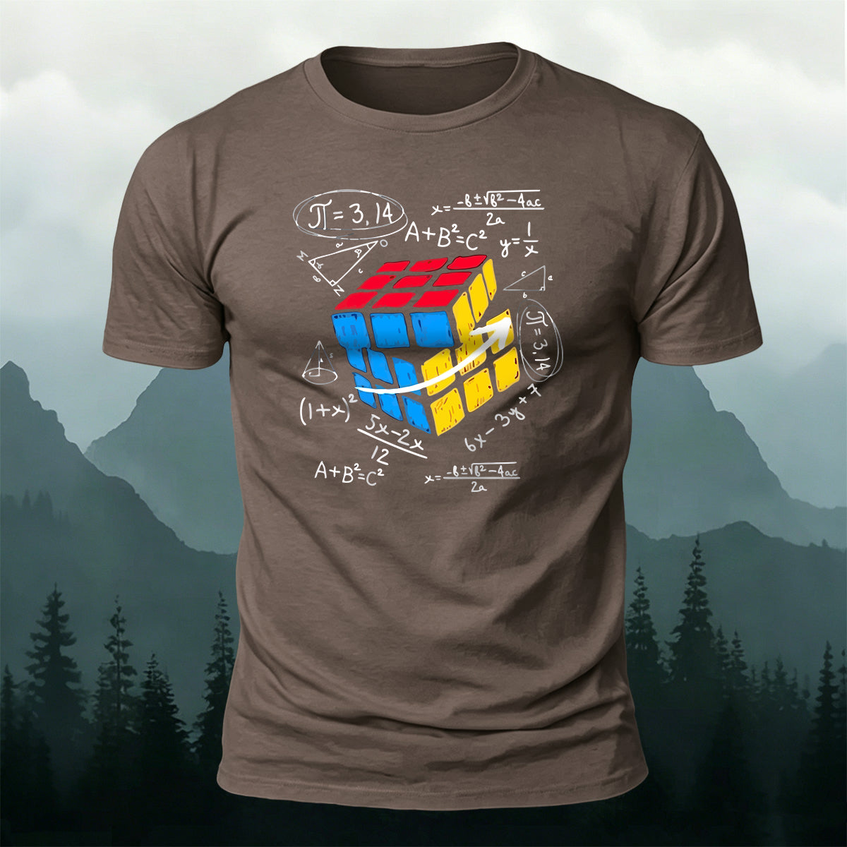 Rubik's Cube Print Casual Soft Cotton T-Shirt Coffee