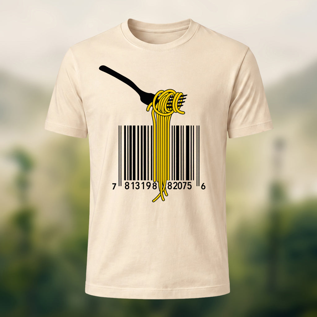 Pasta Barcode Print Casual Cotton T-Shirt Beige