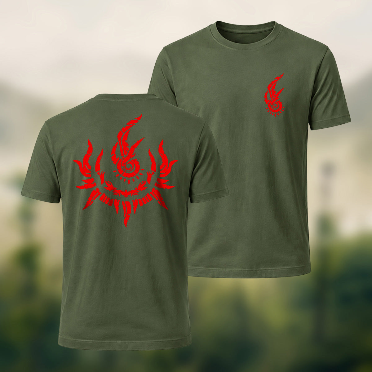 Bold Mystical Spiral Emblem Soft Cotton T-Shirt Olive Green