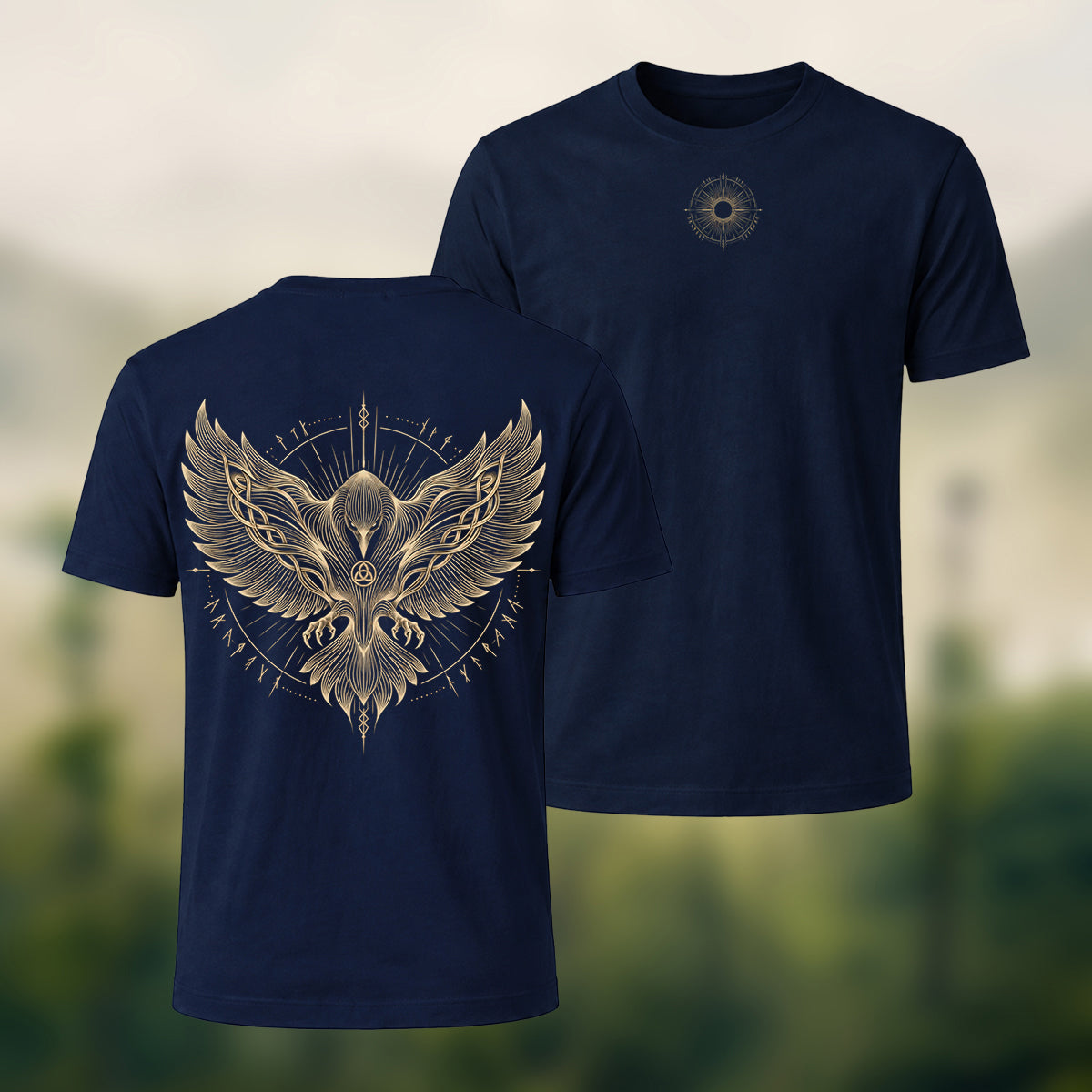 Viking Eagle Print Combed Cotton T-Shirt Navy