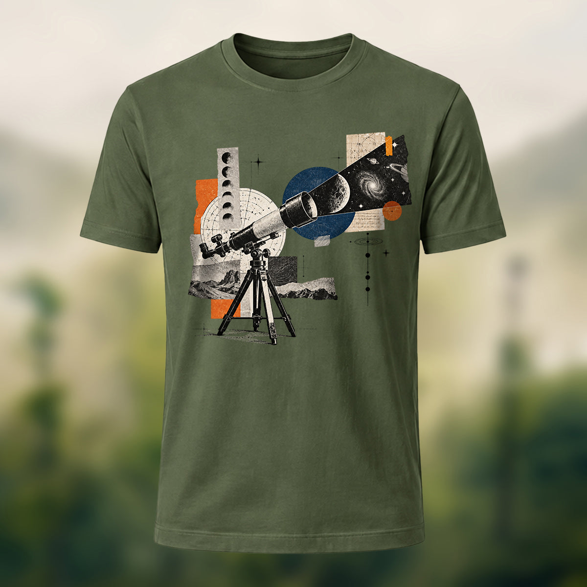 Vintage Stargazing Telescope Combed Cotton T-Shirt Olive Green