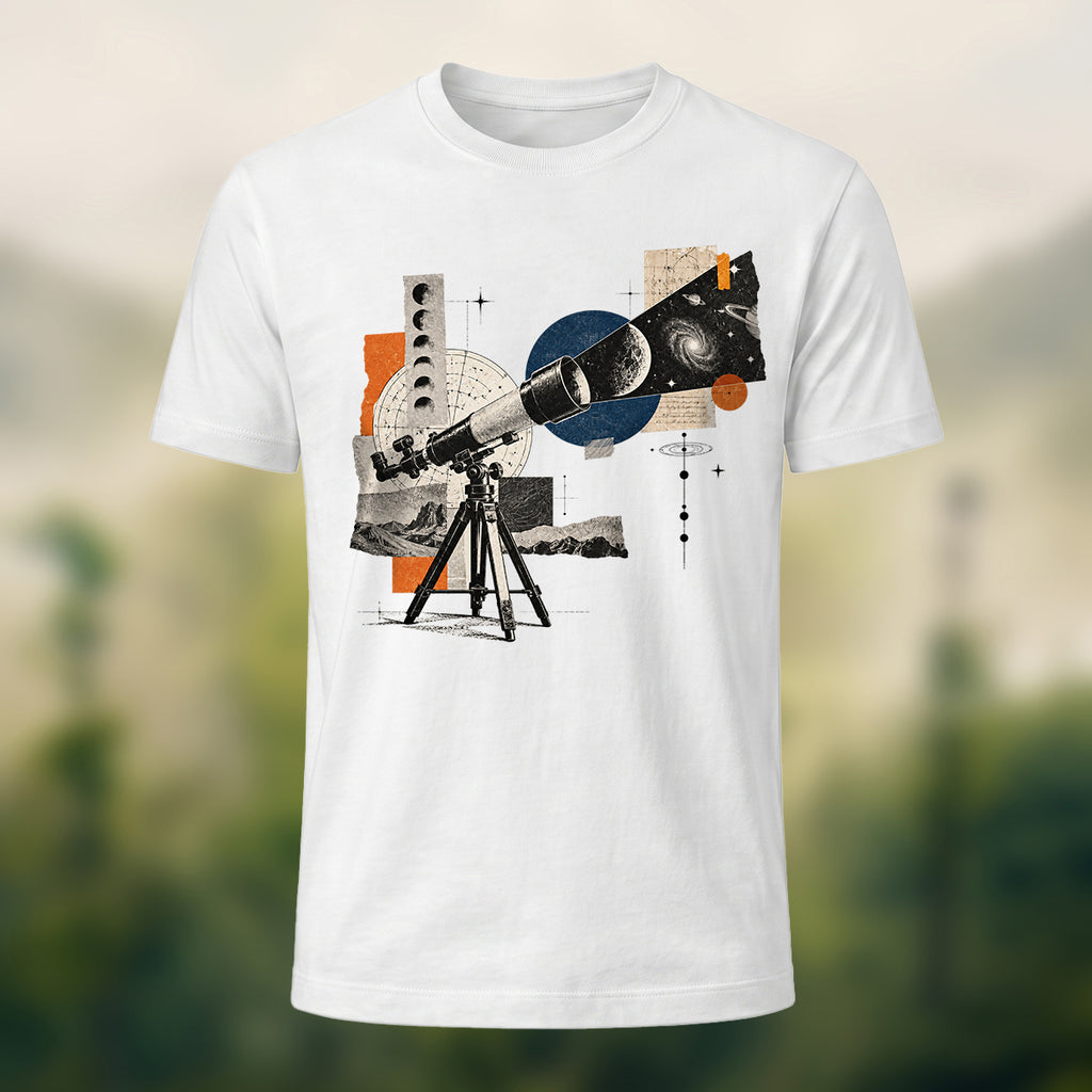 Vintage Stargazing Telescope Combed Cotton T-Shirt White