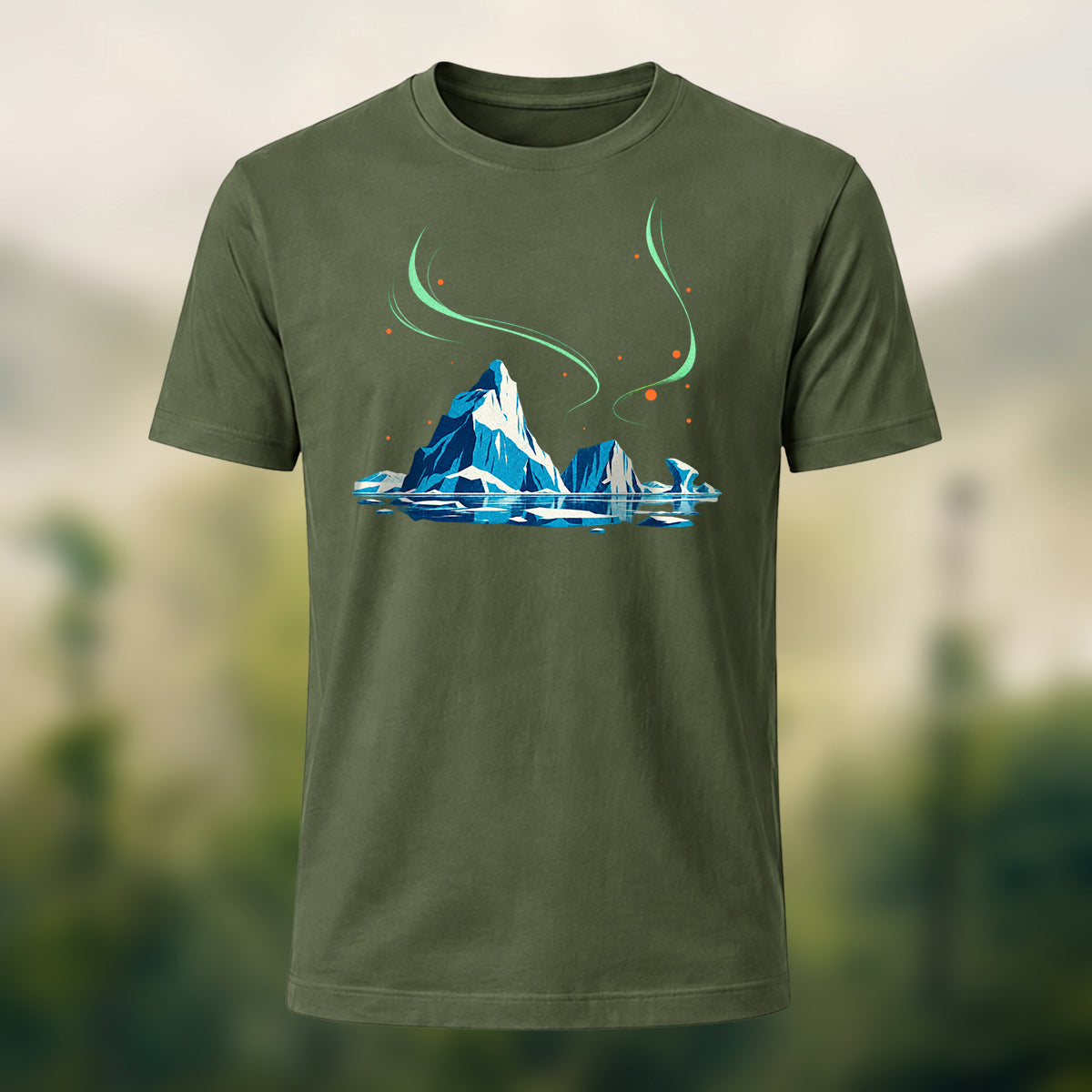 Artistic Aurora Iceberg Combed Cotton T-Shirt Olive Green