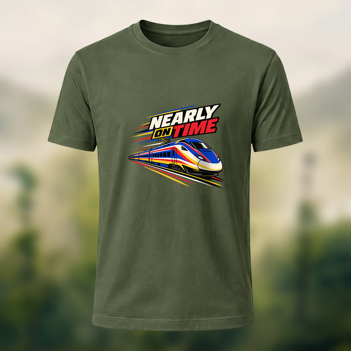 Nearly On Time Train Print Casual Cotton T-Shirt Olive Green