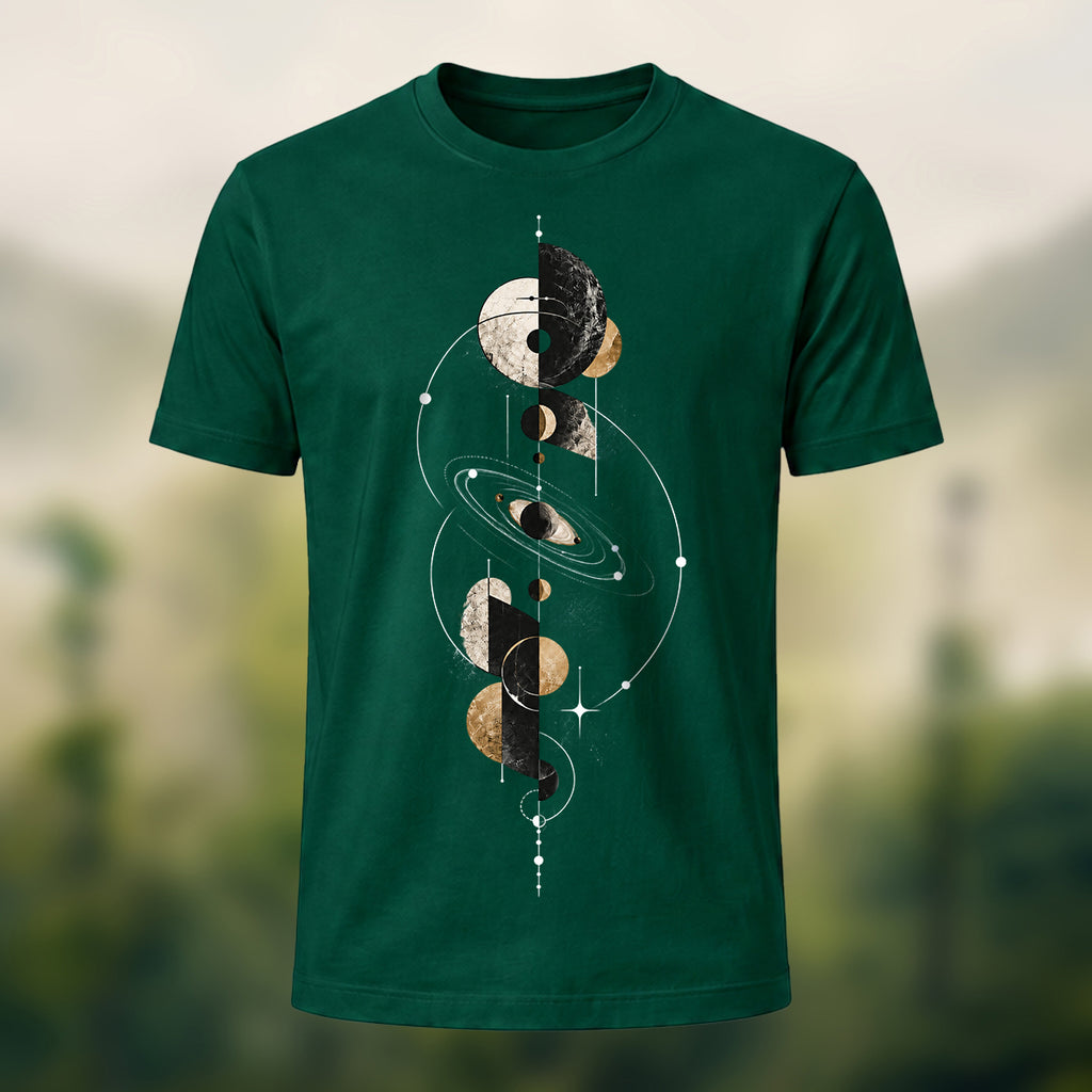 Mystical Geometric Planet Soft Cotton T-Shirt Forest Green