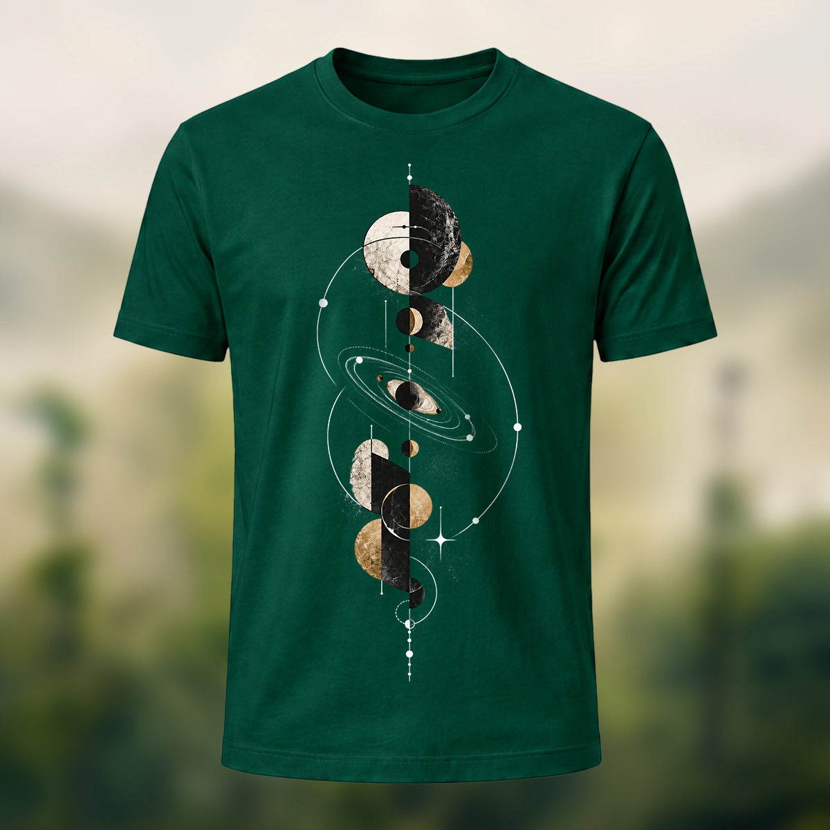 Mystical Geometric Planet Soft Cotton T-Shirt Forest Green