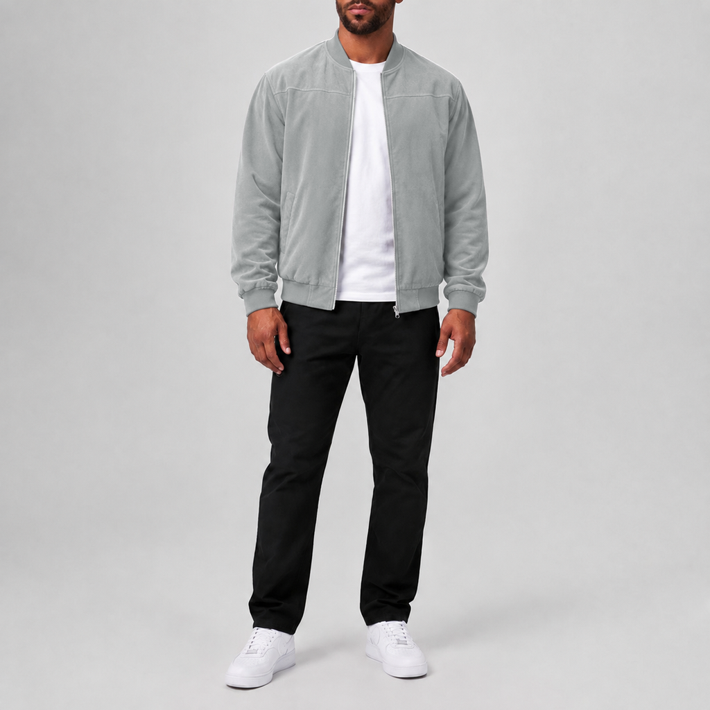 Stylish Suede Zip-Up Casual Jacket Grey