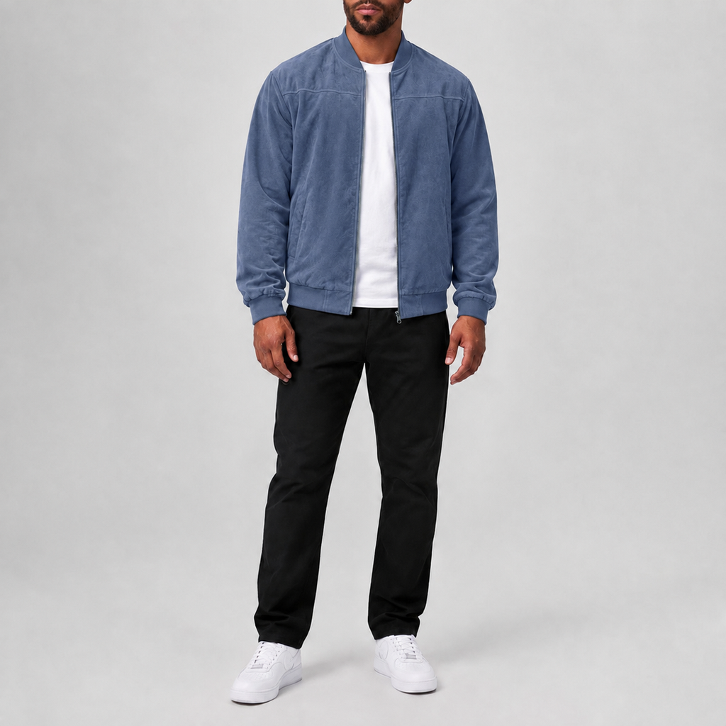 Stylish Suede Zip-Up Casual Jacket Blue