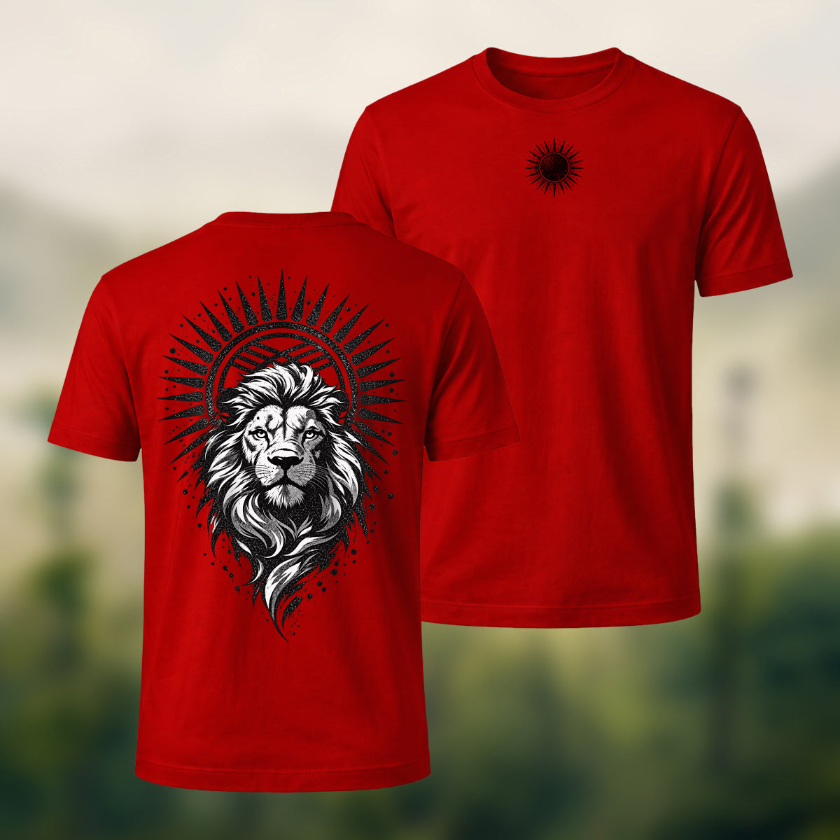Black Lion Medallion Print Premium Cotton T-Shirt Red