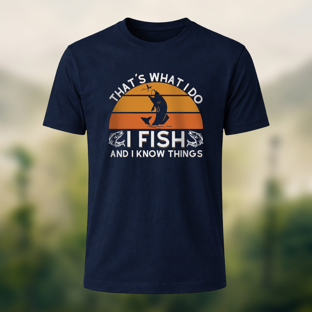 Retro Outdoor Fishing Print Casual Cotton T-Shirt Navy