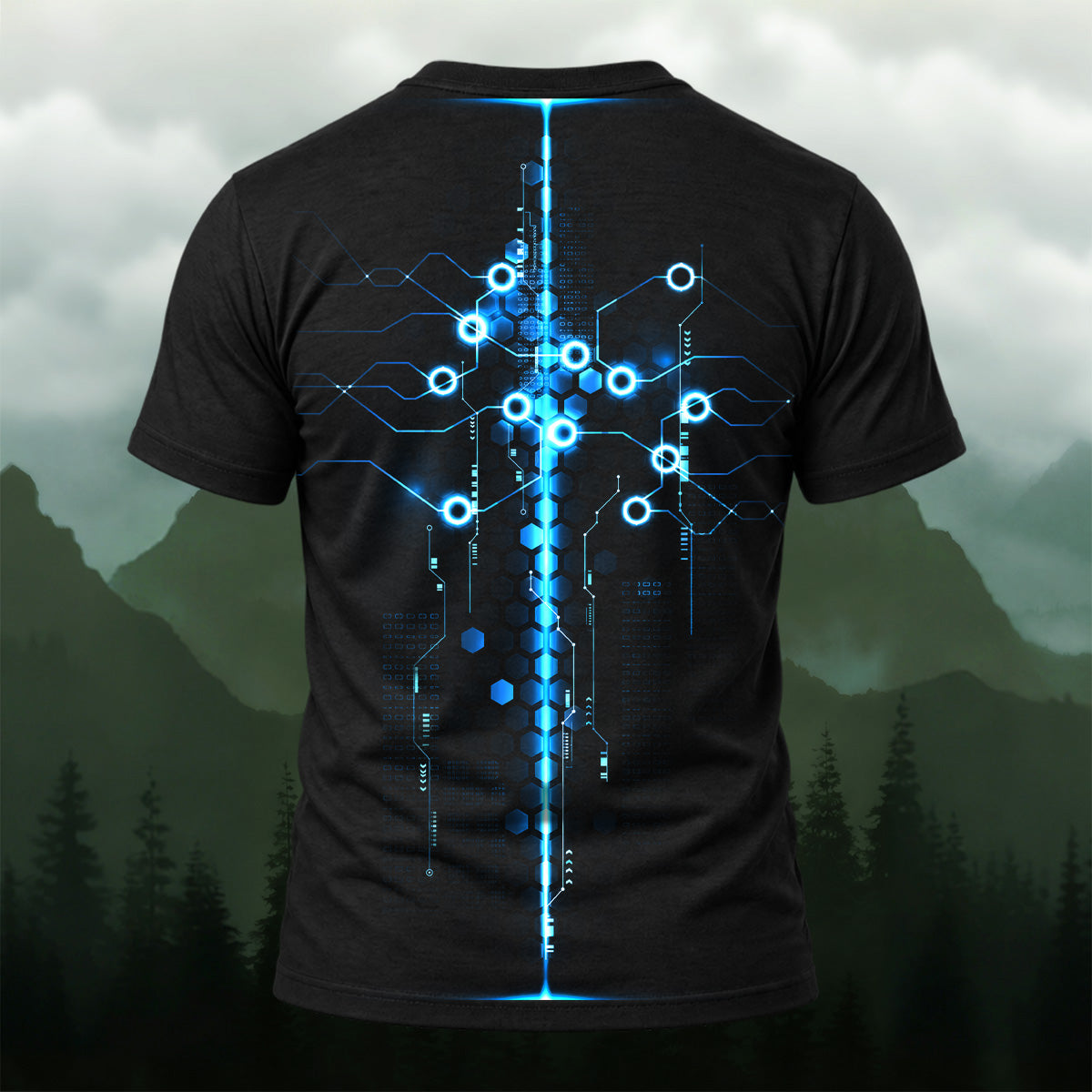 Futuristic Digital Circuit Print T-Shirt Black