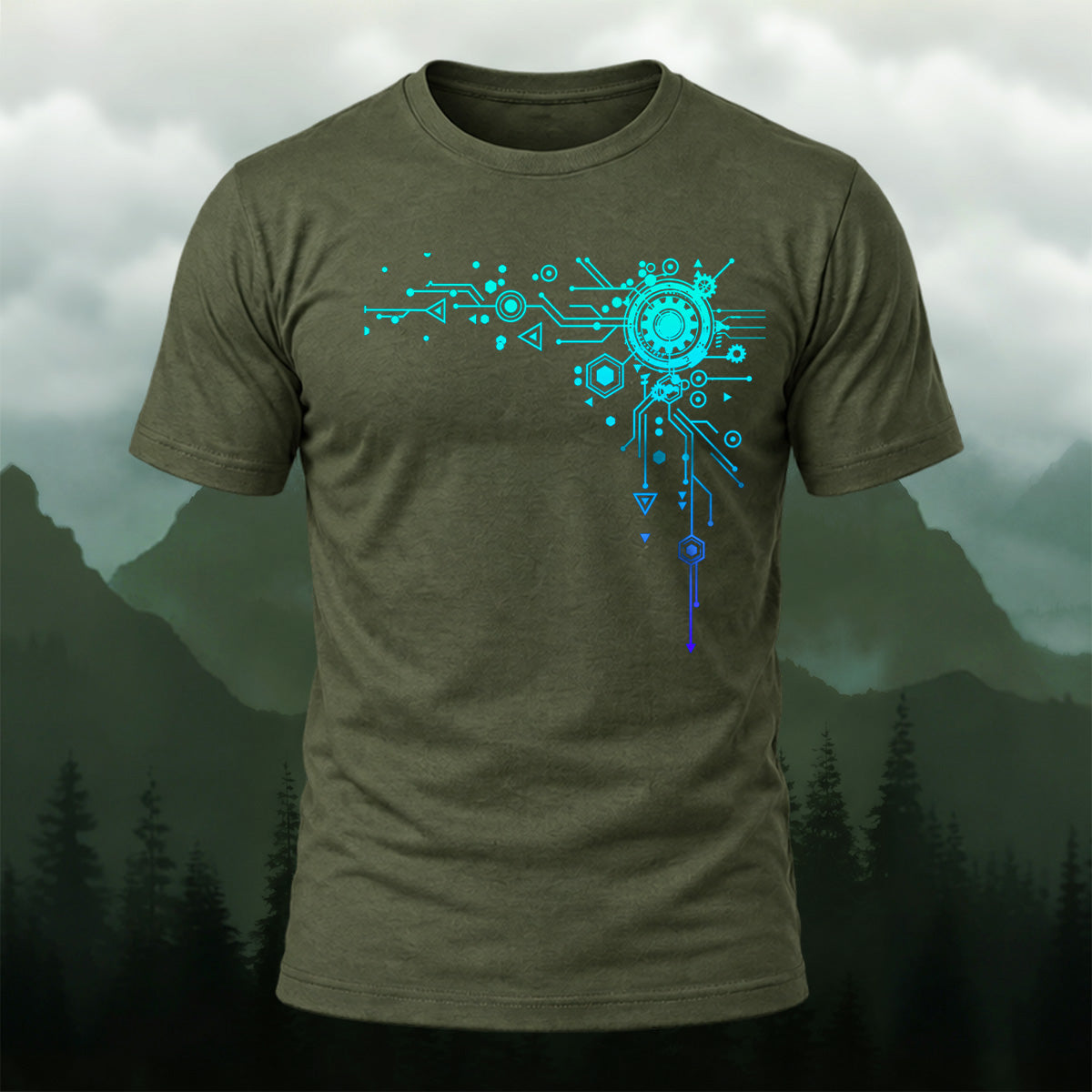 Modern Digital Interface Cotton T-Shirt Olive Green