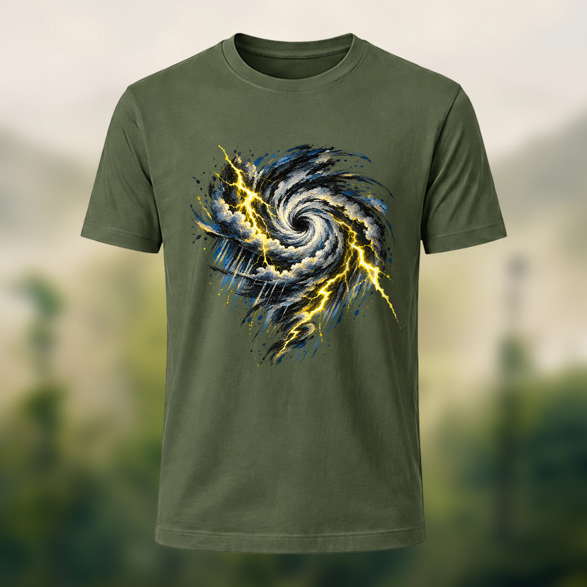 Turbulent Storm Vortex Soft Cotton T-Shirt Olive Green