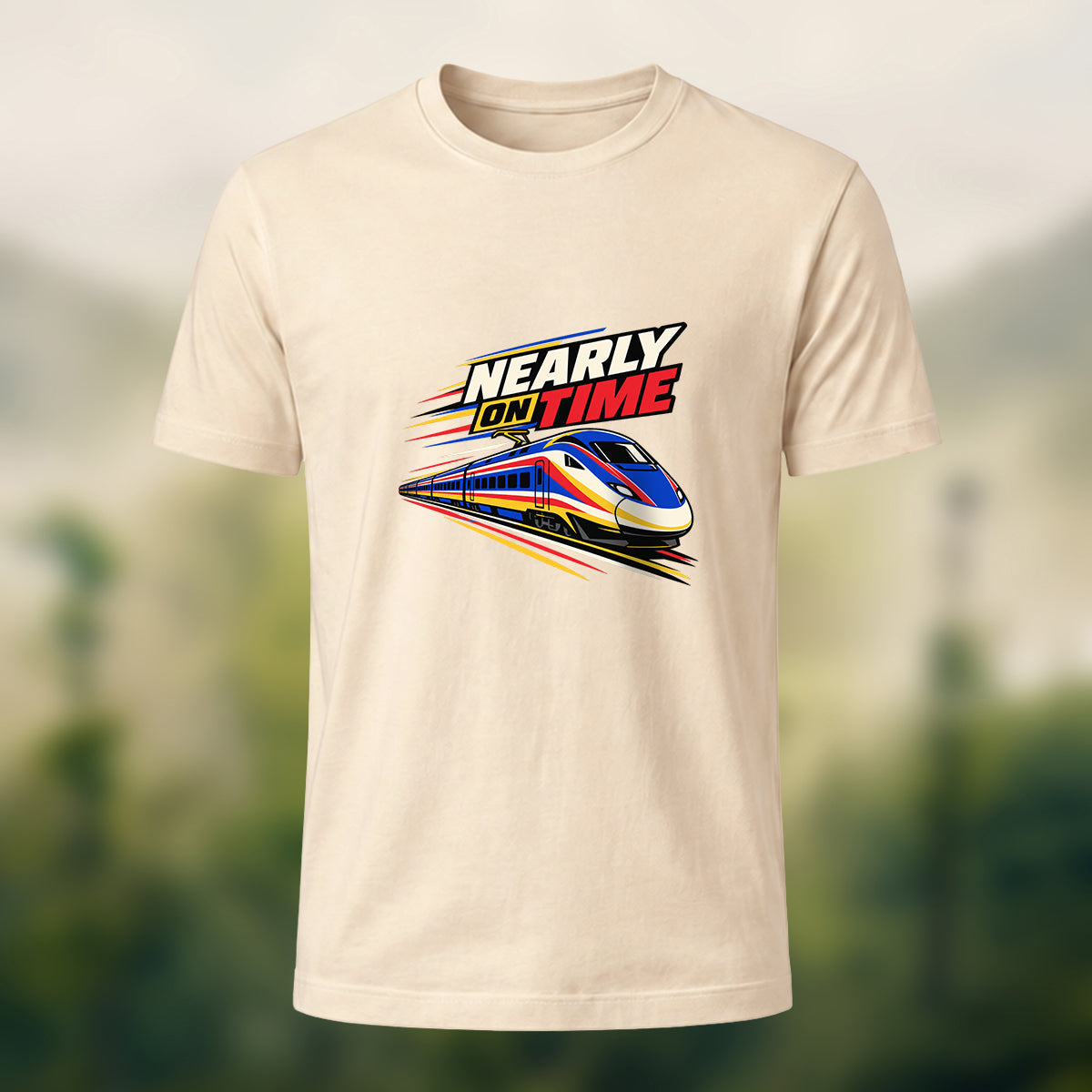 Nearly On Time Train Print Casual Cotton T-Shirt Beige