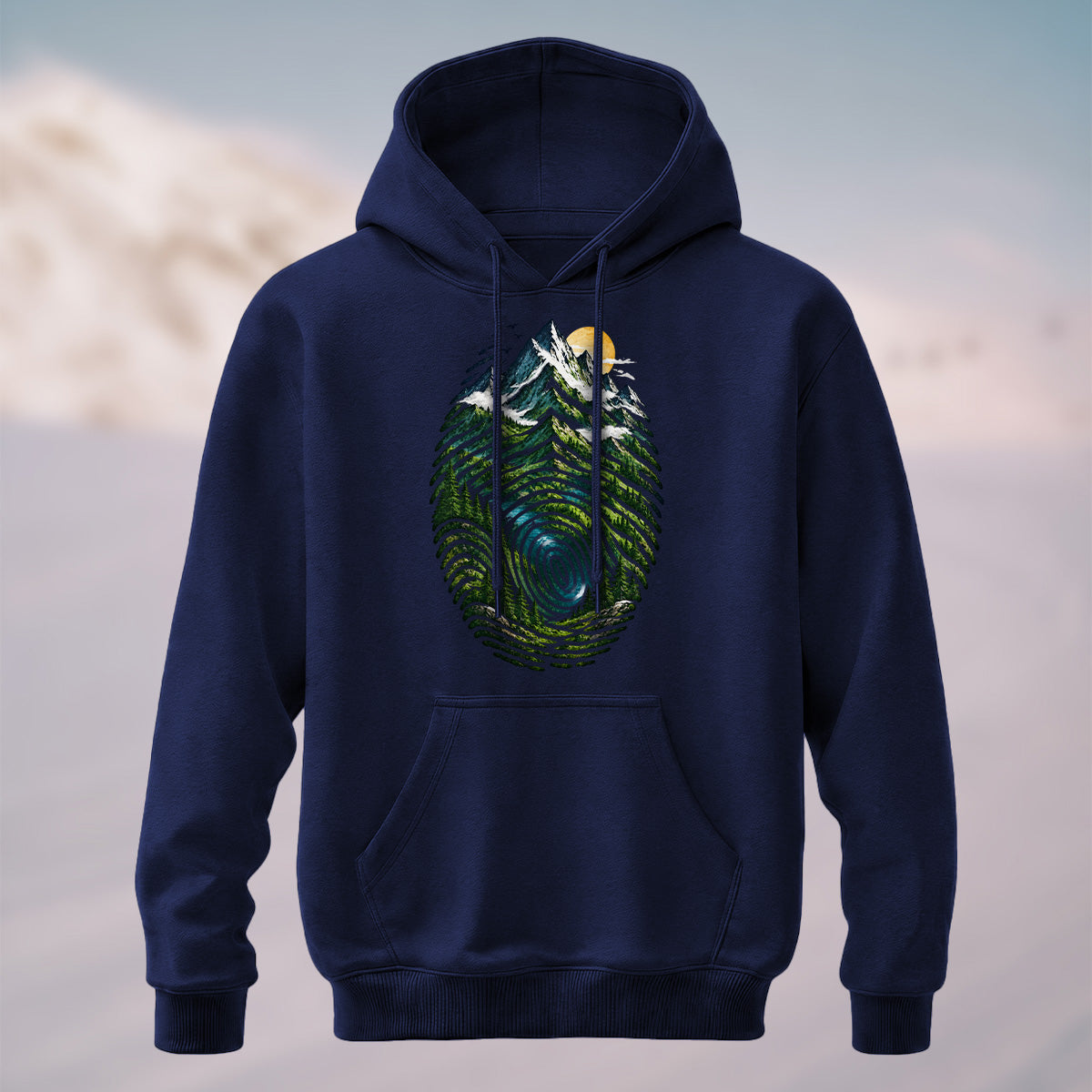 Cotton Made Artistic Mountain Fingerprint Hoodie Navy
