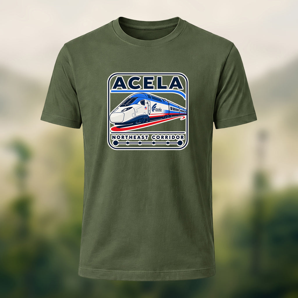 Acela Train Print Combed Cotton T-Shirt Olive Green