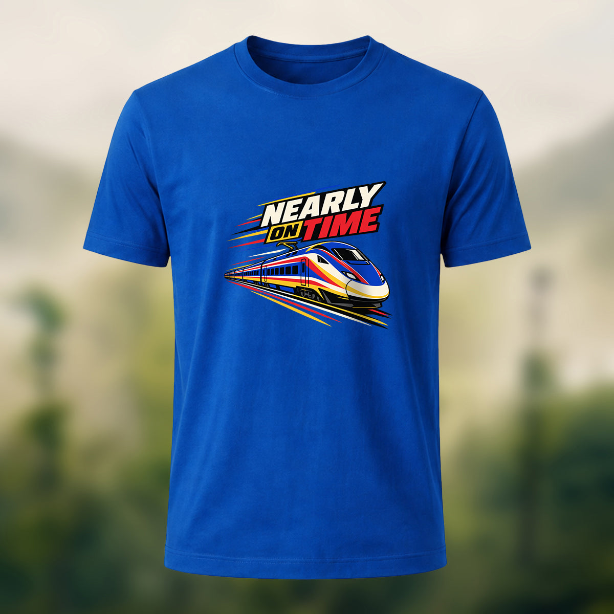 Nearly On Time Train Print Casual Cotton T-Shirt Royal Blue