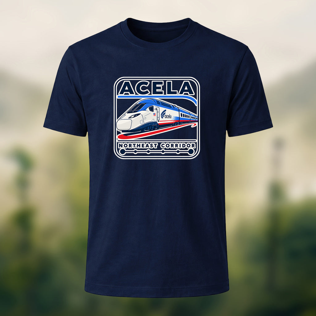 Acela Train Print Combed Cotton T-Shirt Navy