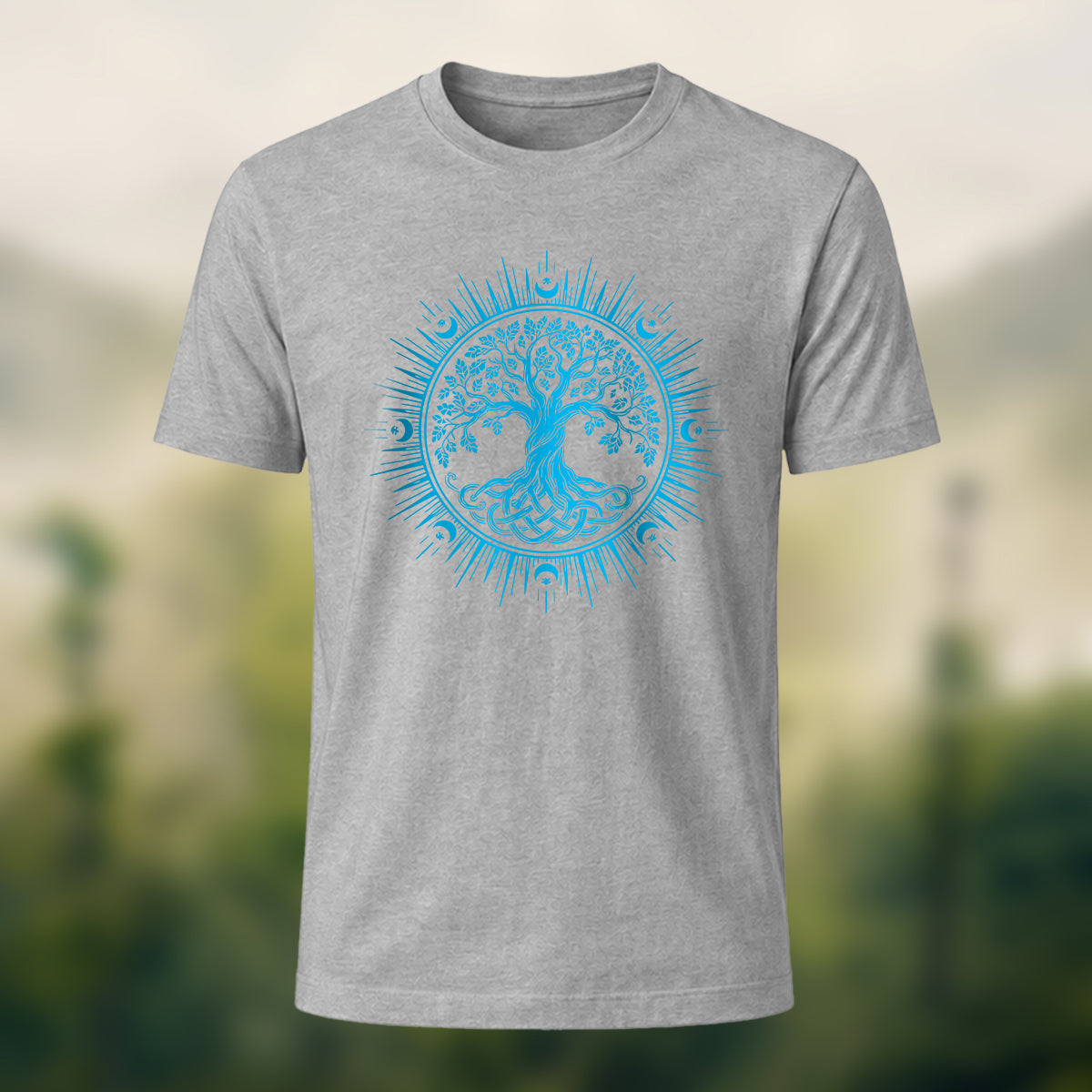 Celtic Tree of Life Print Casual Cotton T-Shirt Heather Grey