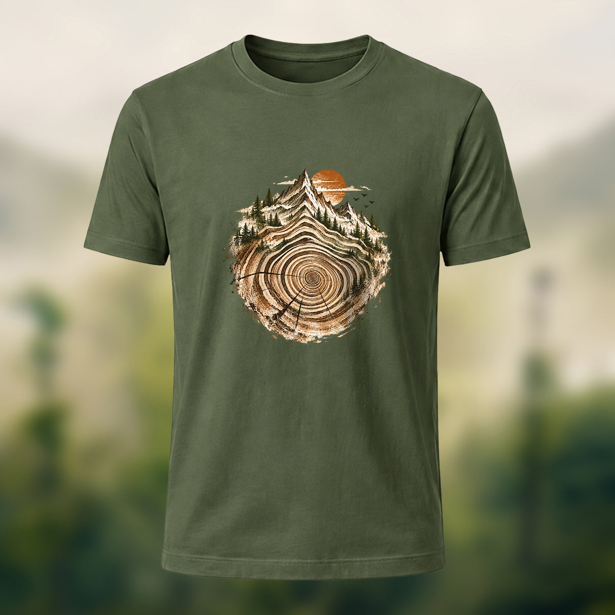 Artistic Tree Ring Topography Premium Cotton Tee Olive Green