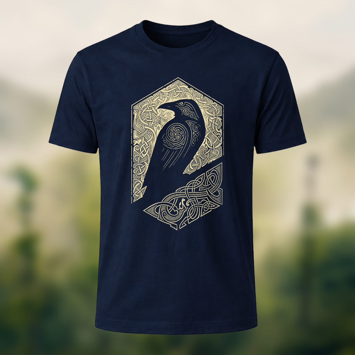 Bird Pattern Mountain Comfortable Casual T-Shirt Navy