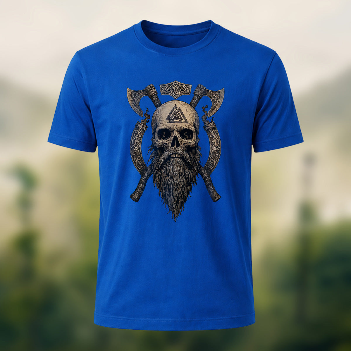 Nordic Warrior Skeleton Print Casual Soft Cotton T-Shirt Royal Blue