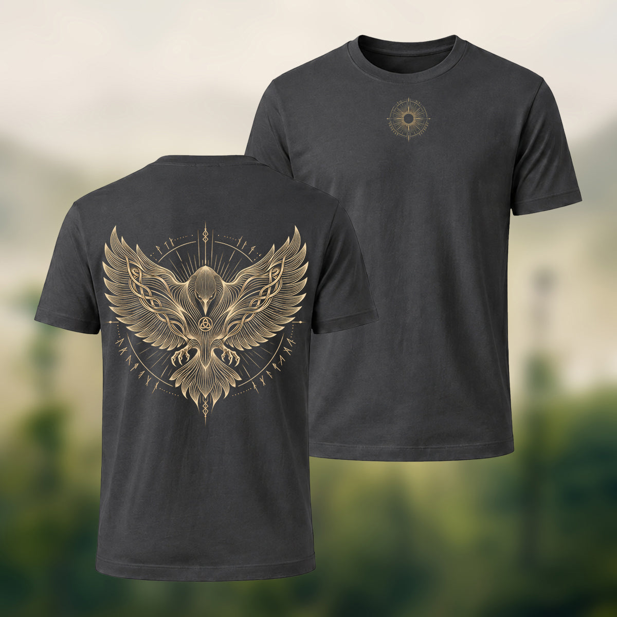 Viking Eagle Print Combed Cotton T-Shirt Charcoal