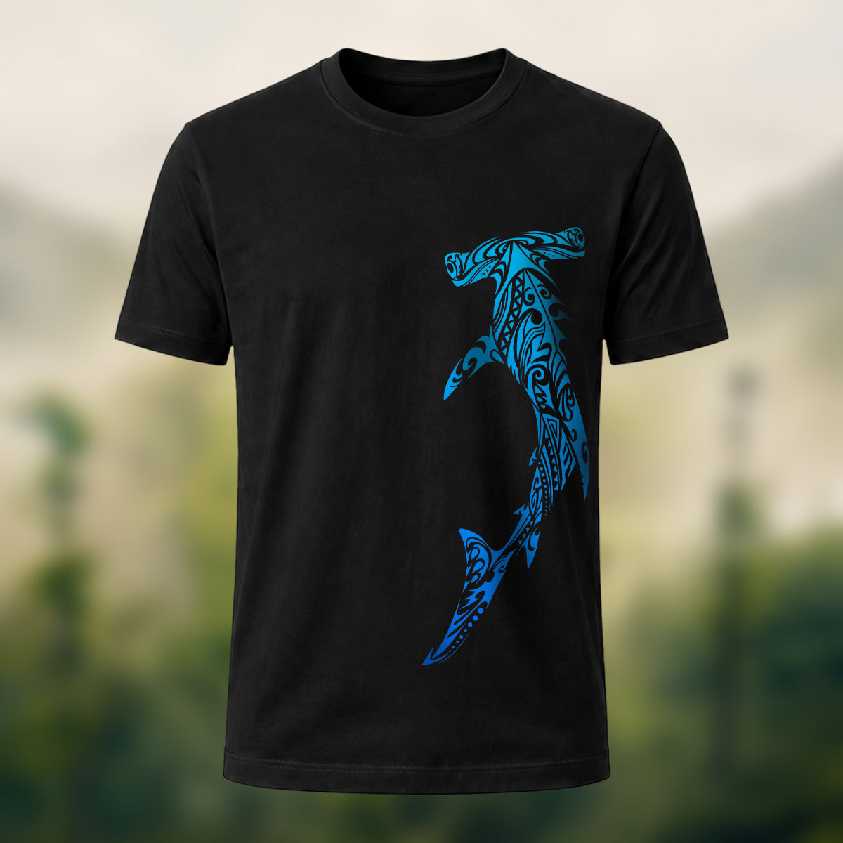 Tribal Shark Print Casual Cotton T-Shirt Black