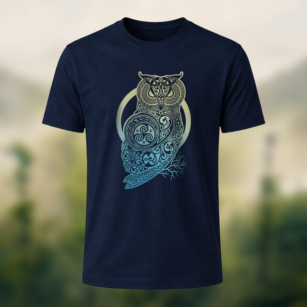 Mysterious Owl Totem Print Casual Cotton T-Shirt Navy