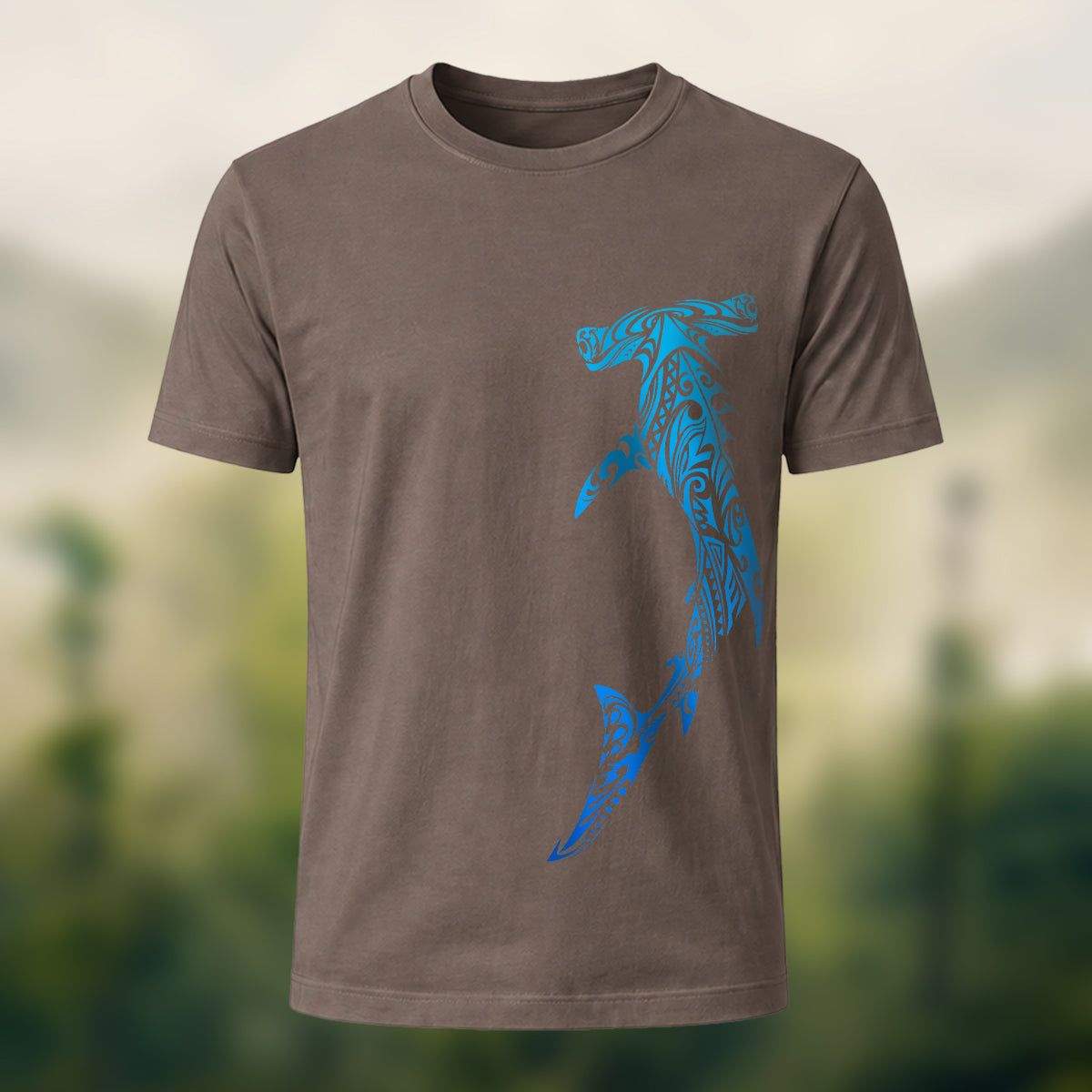 Tribal Shark Print Casual Cotton T-Shirt Coffee