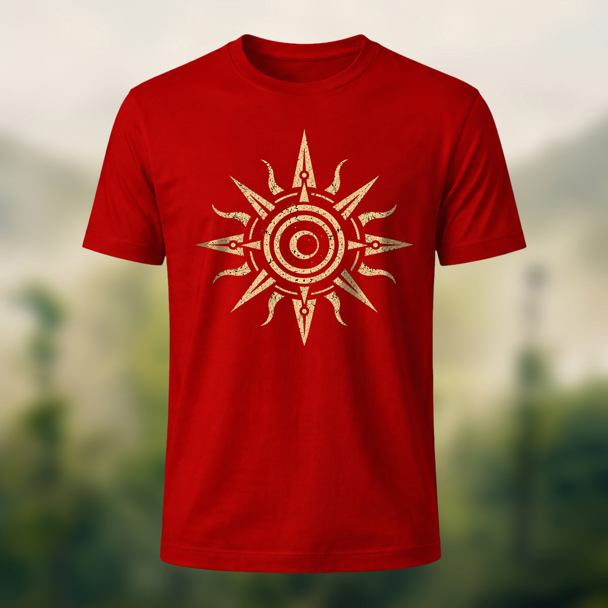 Tribal Sun Totem Print Premium Cotton T-Shirt Red