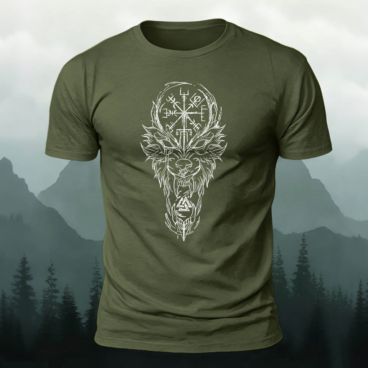 Nordic Wolf Print Casual Soft Cotton T-Shirt Olive Green