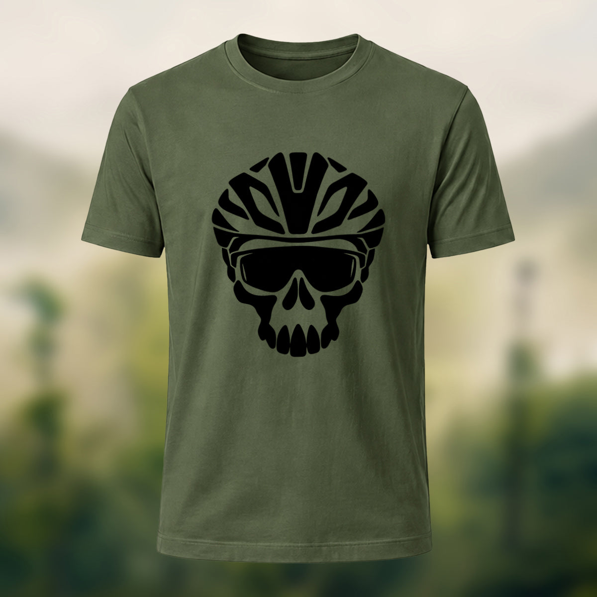 Edgy Cycling Skull Premium Cotton T-Shirt Olive Green